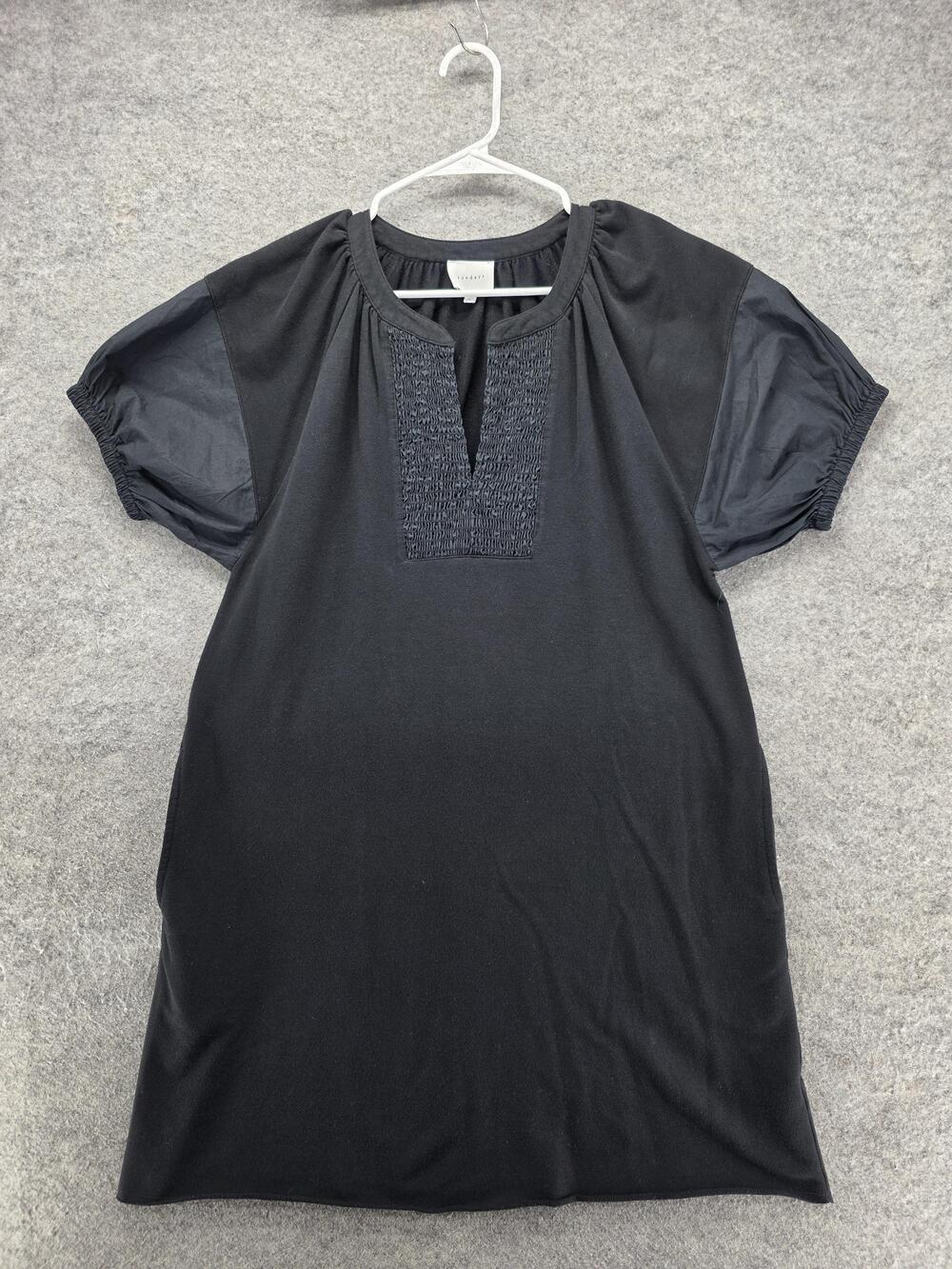 Sundays Dress Womens Medium Black Short Sleeve Smocked Neck Puff Sleeve Pockets